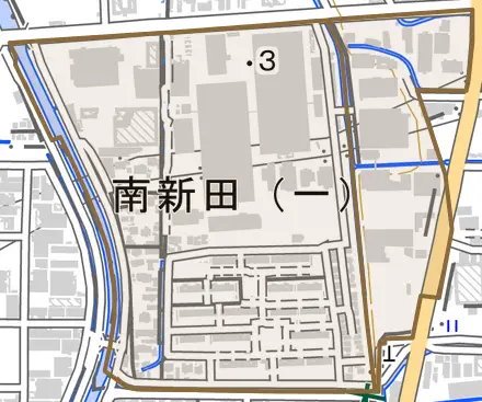 南新田とその周辺の地図。町の範囲を重ねている