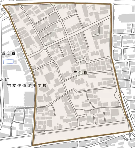 三住町とその周辺の地図。町の範囲を重ねている