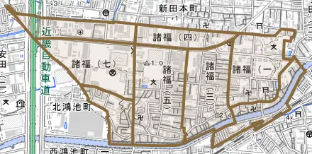 諸福とその周辺の地図。町の範囲を重ねている