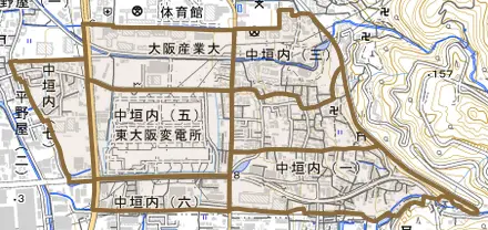 中垣内とその周辺の地図。町の範囲を重ねている