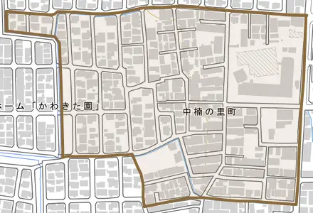 中楠の里町とその周辺の地図。町の範囲を重ねている