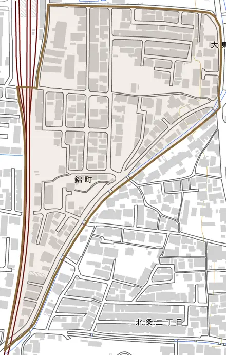 錦町とその周辺の地図。町の範囲を重ねている