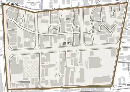 扇町とその周辺の地図。町の範囲を重ねている