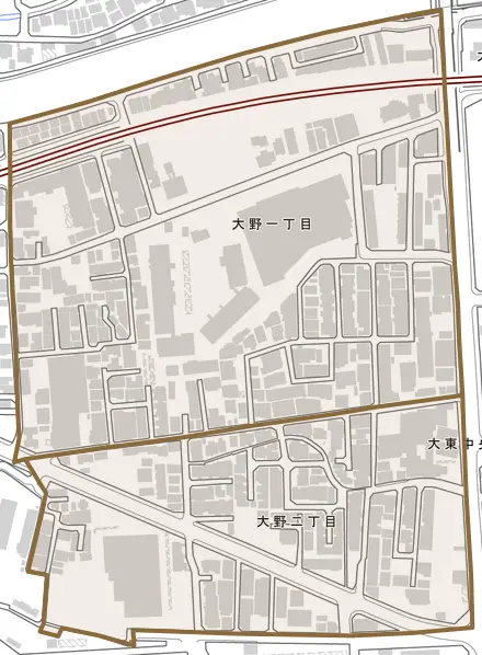 大野とその周辺の地図。町の範囲を重ねている