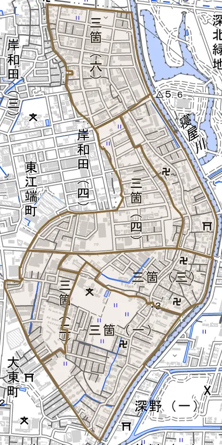 三箇とその周辺の地図。町の範囲を重ねている