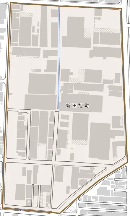 新田旭町とその周辺の地図。町の範囲を重ねている