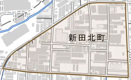 新田北町とその周辺の地図。町の範囲を重ねている