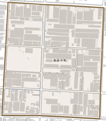 新田中町とその周辺の地図。町の範囲を重ねている