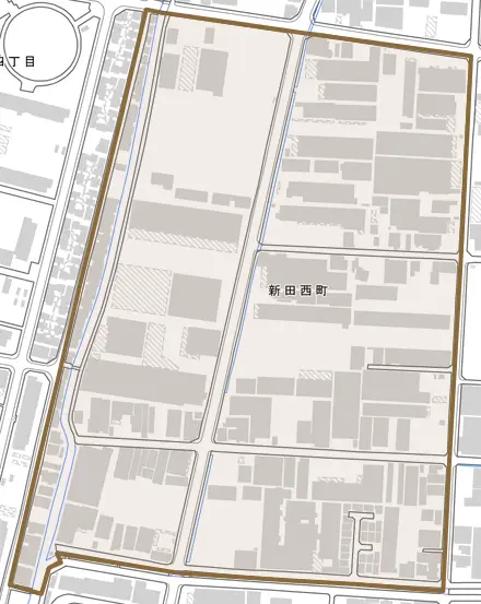 新田西町とその周辺の地図。町の範囲を重ねている