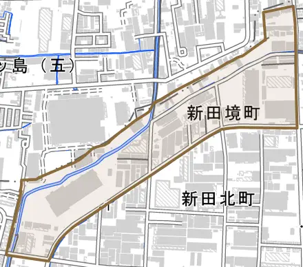 新田境町とその周辺の地図。町の範囲を重ねている