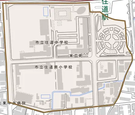 末広町とその周辺の地図。町の範囲を重ねている