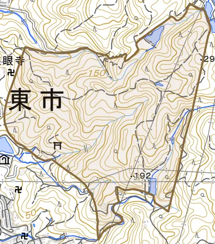 大字野崎とその周辺の地図。町の範囲を重ねている