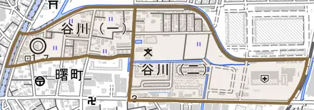 谷川とその周辺の地図。町の範囲を重ねている