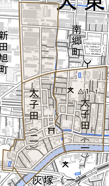 太子田とその周辺の地図。町の範囲を重ねている