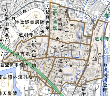 道明寺とその周辺の地図。町の範囲を重ねている