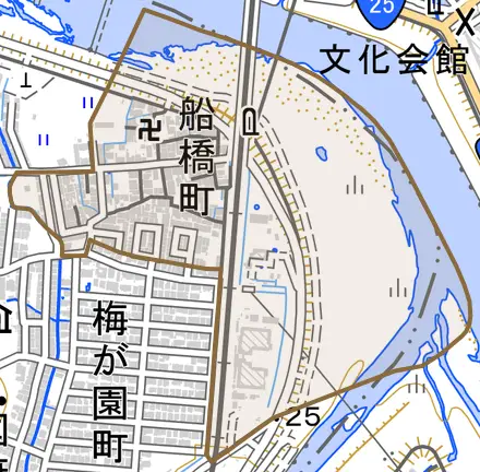 船橋町とその周辺の地図。町の範囲を重ねている