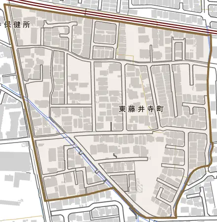 東藤井寺町とその周辺の地図。町の範囲を重ねている