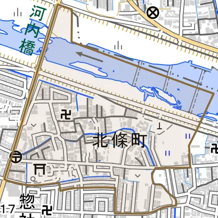北條町とその周辺の地図。町の範囲を重ねている