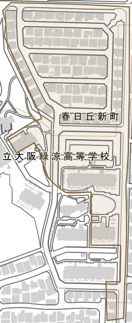 春日丘新町とその周辺の地図。町の範囲を重ねている