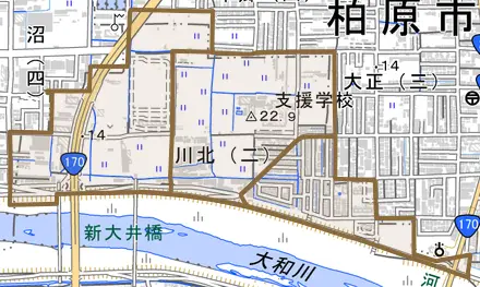 川北とその周辺の地図。町の範囲を重ねている