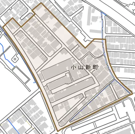 小山新町とその周辺の地図。町の範囲を重ねている