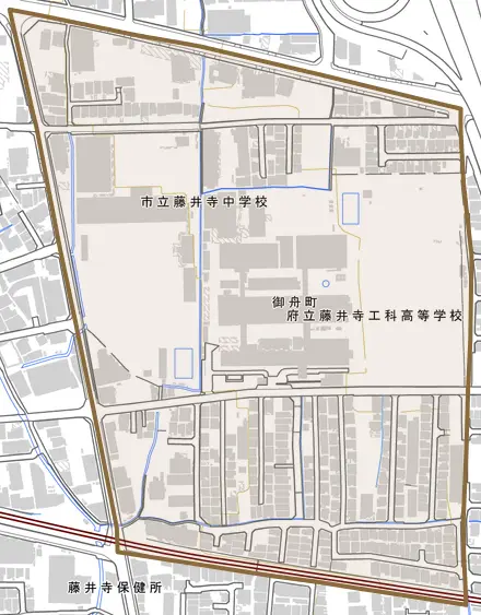 御舟町とその周辺の地図。町の範囲を重ねている