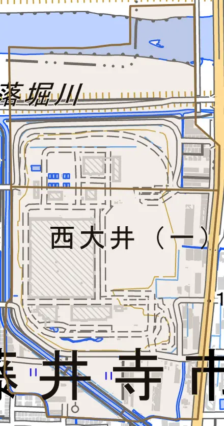 西大井とその周辺の地図。町の範囲を重ねている
