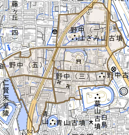 野中とその周辺の地図。町の範囲を重ねている