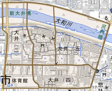 大井とその周辺の地図。町の範囲を重ねている