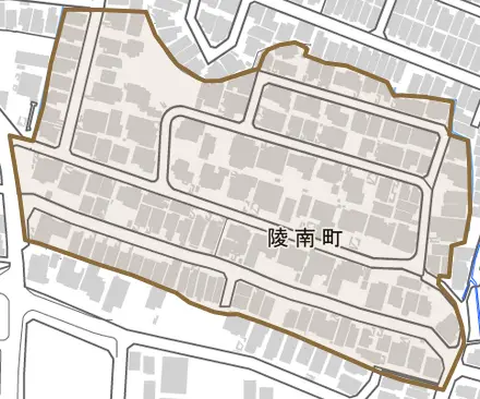 陵南町とその周辺の地図。町の範囲を重ねている