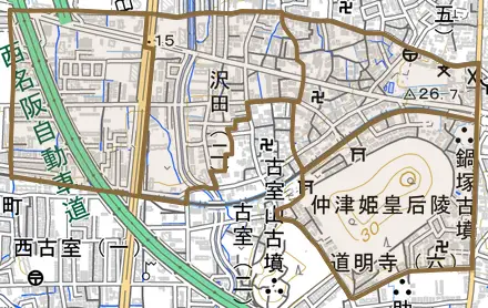 沢田とその周辺の地図。町の範囲を重ねている
