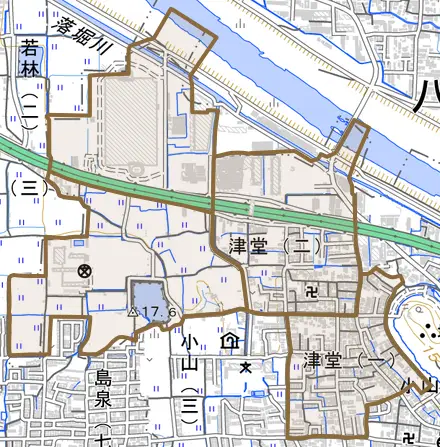 津堂とその周辺の地図。町の範囲を重ねている