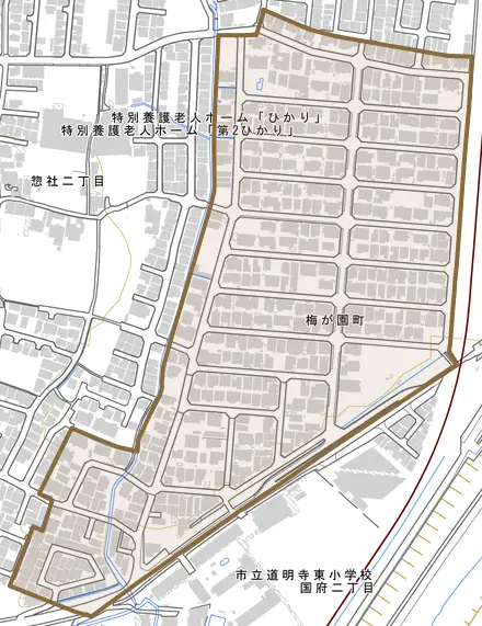 梅が園町とその周辺の地図。町の範囲を重ねている