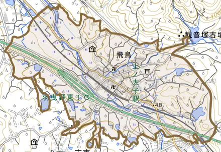 飛鳥とその周辺の地図。町の範囲を重ねている