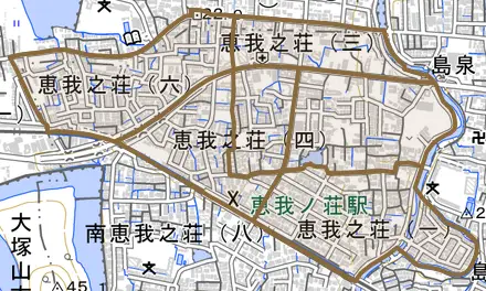 恵我之荘とその周辺の地図。町の範囲を重ねている