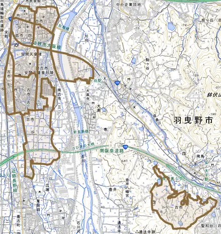 古市とその周辺の地図。町の範囲を重ねている