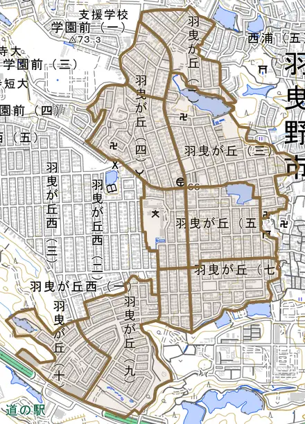 羽曳が丘とその周辺の地図。町の範囲を重ねている