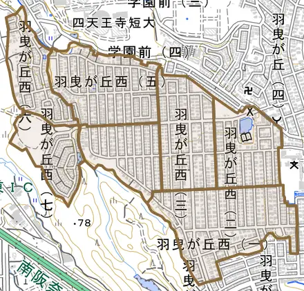 羽曳が丘西とその周辺の地図。町の範囲を重ねている
