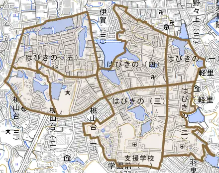 はびきのとその周辺の地図。町の範囲を重ねている