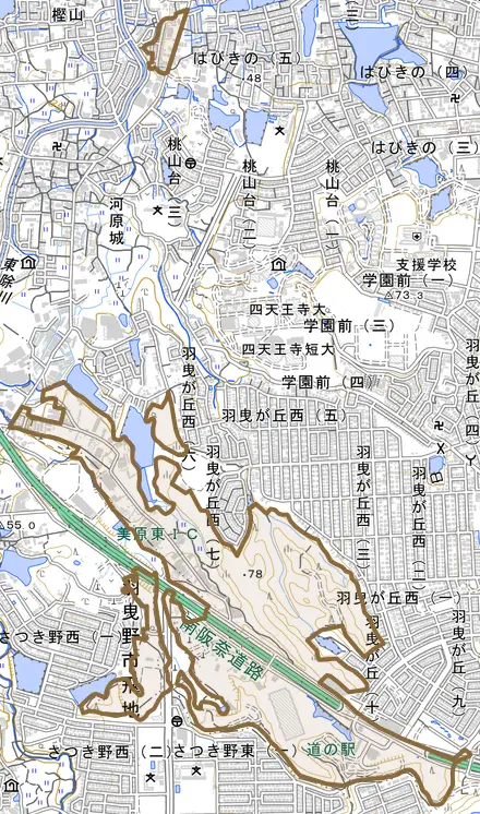 埴生野とその周辺の地図。町の範囲を重ねている