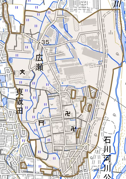 広瀬とその周辺の地図。町の範囲を重ねている