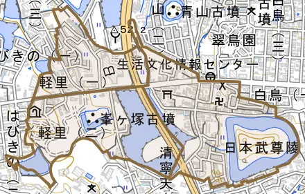 軽里とその周辺の地図。町の範囲を重ねている
