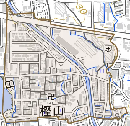 樫山とその周辺の地図。町の範囲を重ねている
