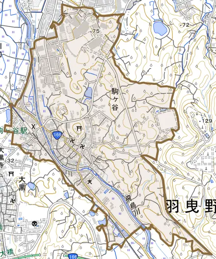 駒ヶ谷とその周辺の地図。町の範囲を重ねている