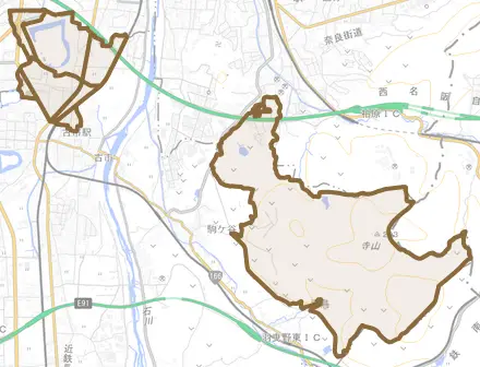 誉田とその周辺の地図。町の範囲を重ねている
