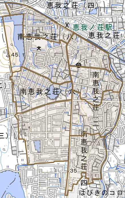 南恵我之荘とその周辺の地図。町の範囲を重ねている