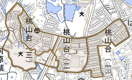 桃山台とその周辺の地図。町の範囲を重ねている
