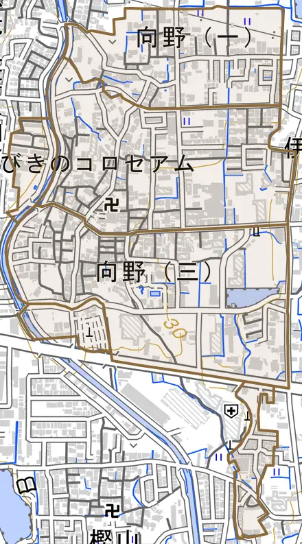 向野とその周辺の地図。町の範囲を重ねている