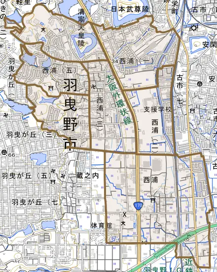 西浦とその周辺の地図。町の範囲を重ねている