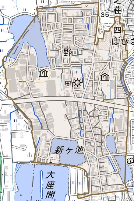野とその周辺の地図。町の範囲を重ねている